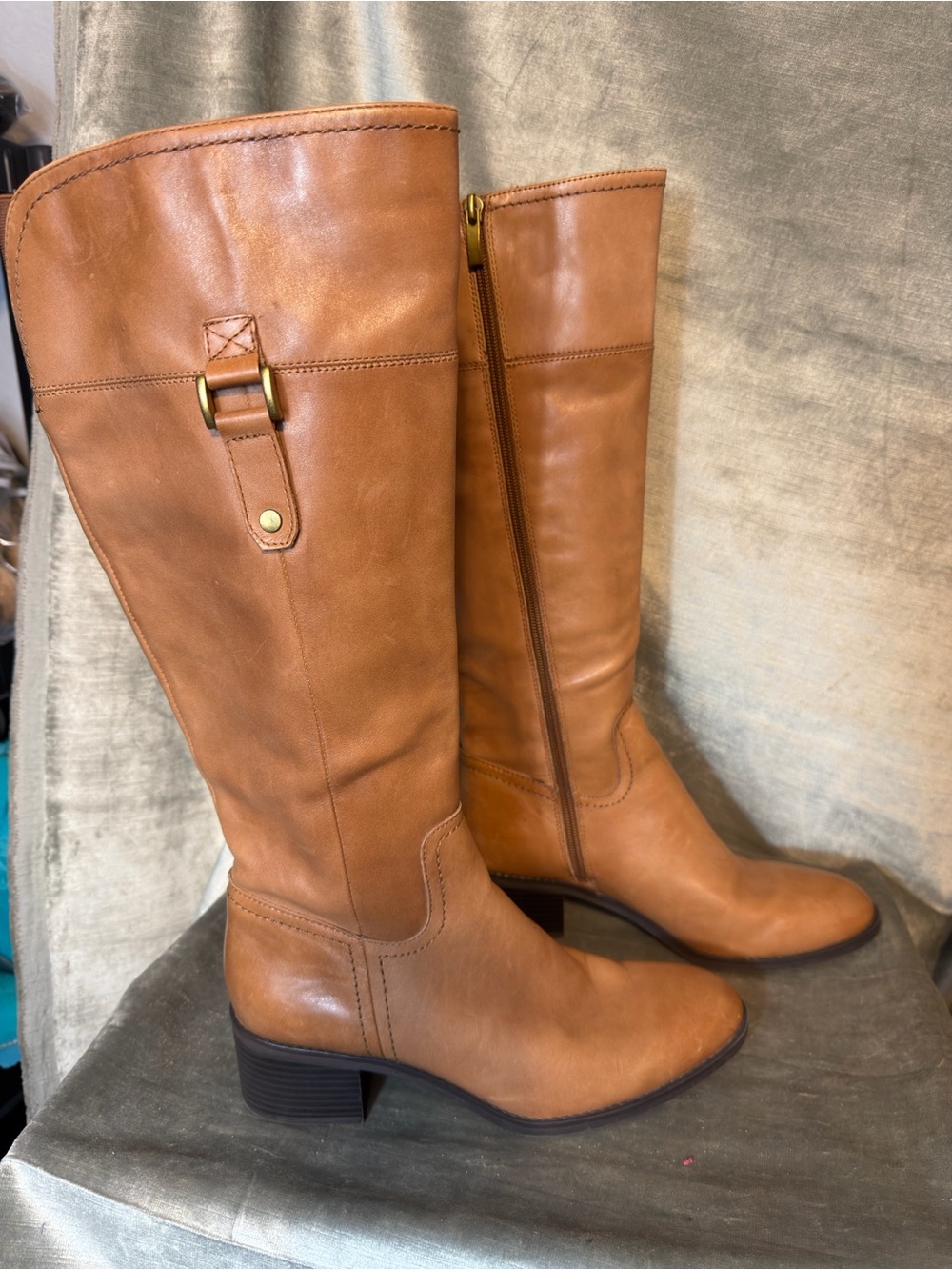 Franco Sarto Knee High Tan Leather Women's Boots w/Metal Detail. Size 9M
